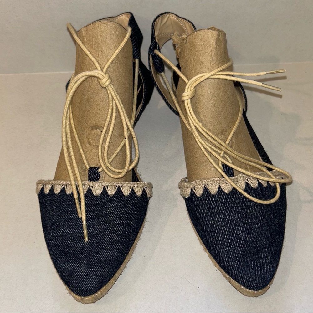 Nine West Unah Almond Toe Denim Ankle Wrap Slide Flats Summer Sandals Size 6.5